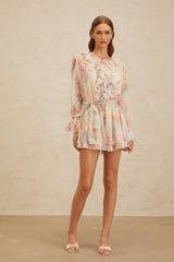 Ginevra Playsuit - Floral Ruffled Chiffon Thigh - Length - Belted - Elasticated