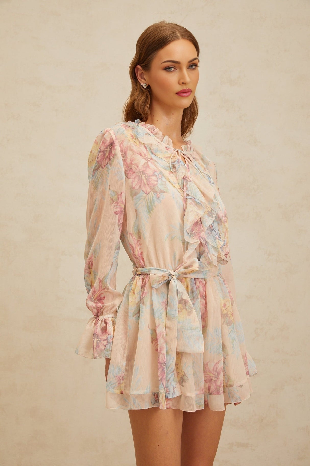 Ginevra Playsuit - Floral Ruffled Chiffon Thigh - Length - Belted - Elasticated