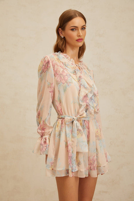 Ginevra Playsuit - Floral Ruffled Chiffon Thigh - Length - Belted - Elasticated