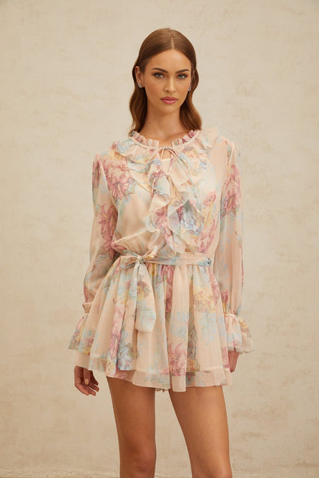 Ginevra Playsuit - Floral Ruffled Chiffon Thigh - Length - Belted - Elasticated
