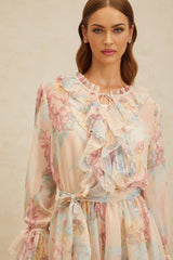 Ginevra Playsuit - Floral Ruffled Chiffon Thigh - Length - Belted - Elasticated