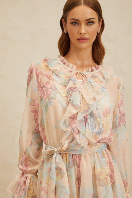 Ginevra Playsuit - Floral Ruffled Chiffon Thigh - Length - Belted - Elasticated