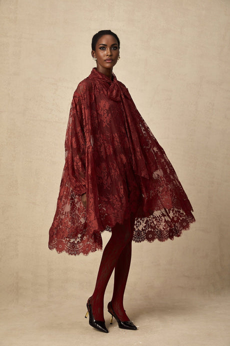 Ginevra Tights - Floral Lace Cut Out - Semi Sheer - Red Feminine