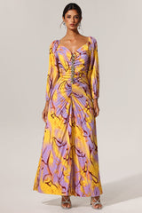 Ginevra Yellow Diamond Print Plunging Neckline Dress Lightweight Fabric Long Sleeves Side Slit Gala Wedding Fancy Dinner