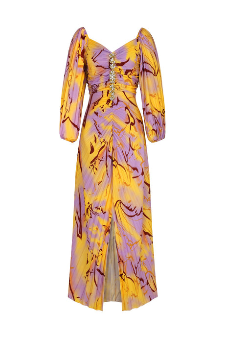 Ginevra Yellow Diamond Print Plunging Neckline Dress
