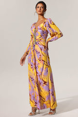 Ginevra Yellow Diamond Print Plunging Neckline Long Sleeve Side Slit Dress