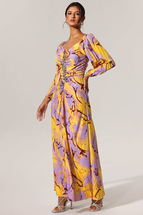 Ginevra Yellow Diamond Print Plunging Neckline Long Sleeve Side Slit Dress