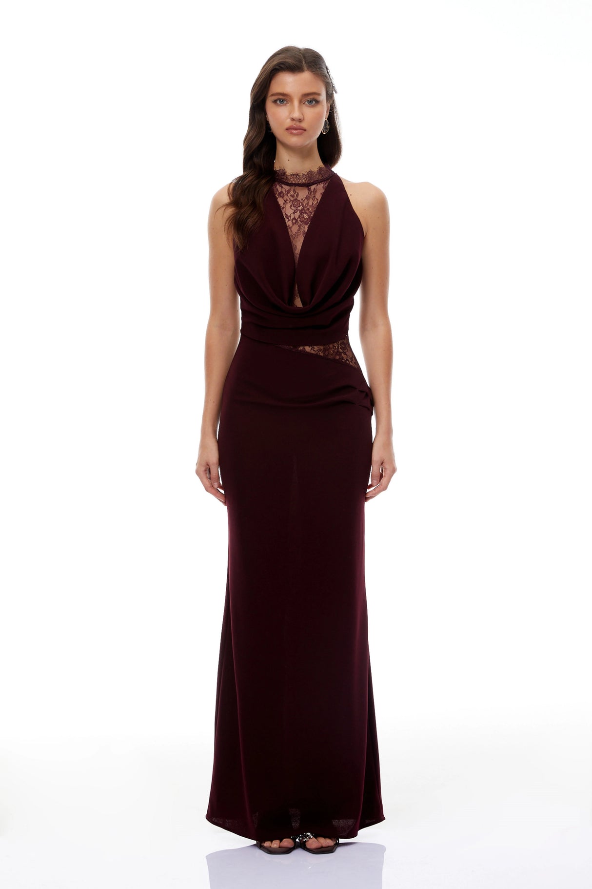 Gioconda Burgundy Halterneck Lace Panel Maxi Dress