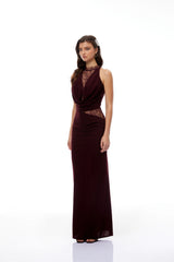 Gioconda Burgundy Halterneck Lace Panel Maxi Dress