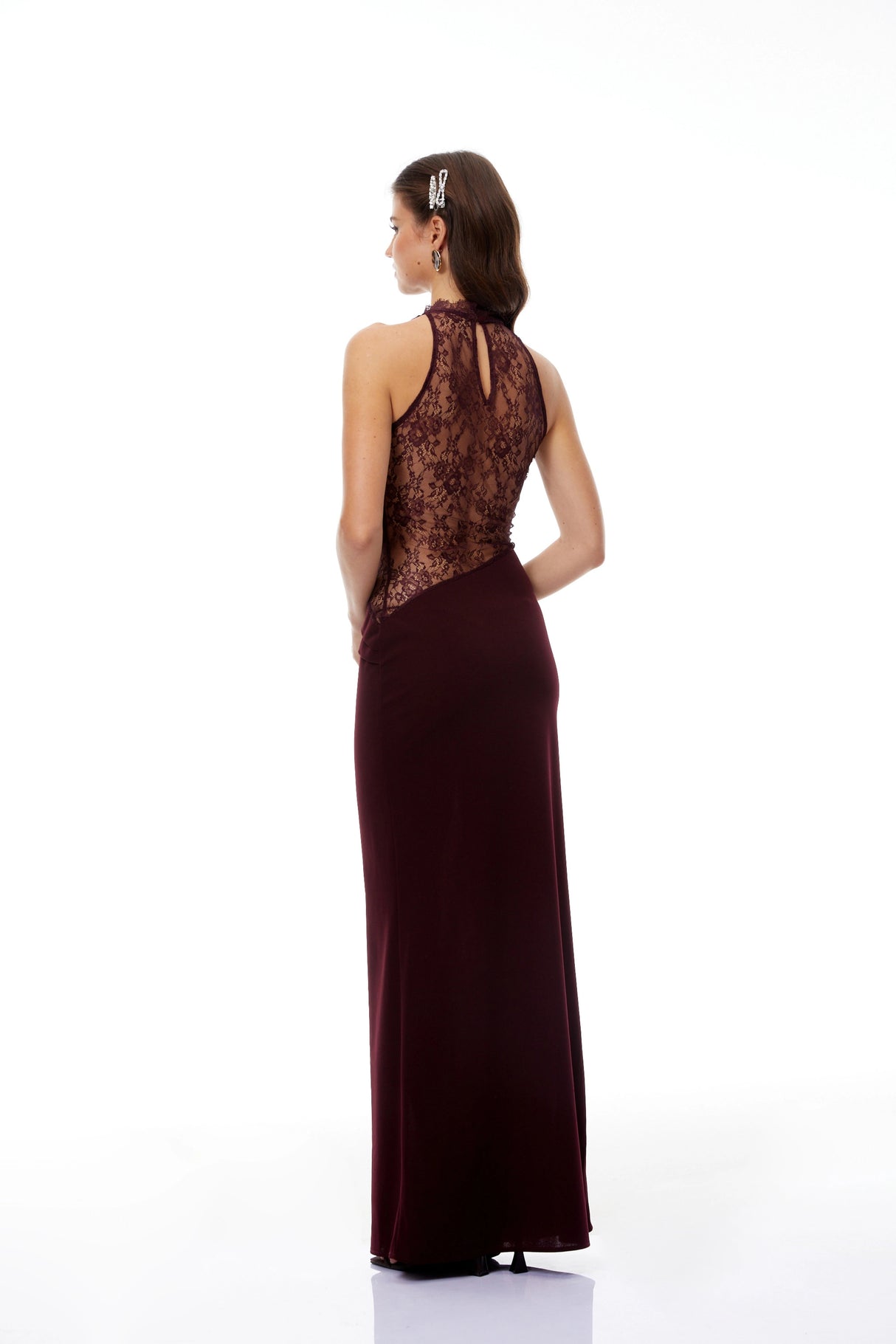 Gioconda Burgundy Halterneck Lace Panel Maxi Dress