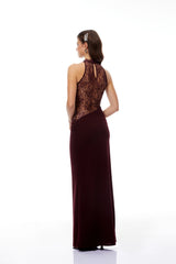 Gioconda Burgundy Halterneck Lace Panel Maxi Dress