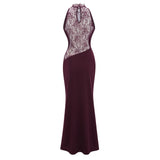 Gioconda Burgundy Halterneck Lace Panel Maxi Dress