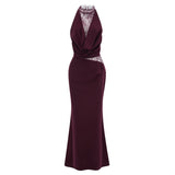 Gioconda Burgundy Halterneck Lace Panel Maxi Dress