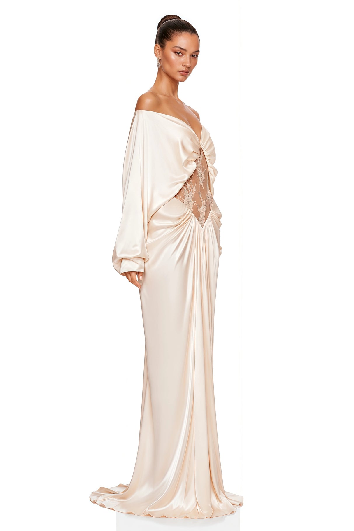Gioconda White Off Shoulder Maxi Dress with Lace Panels