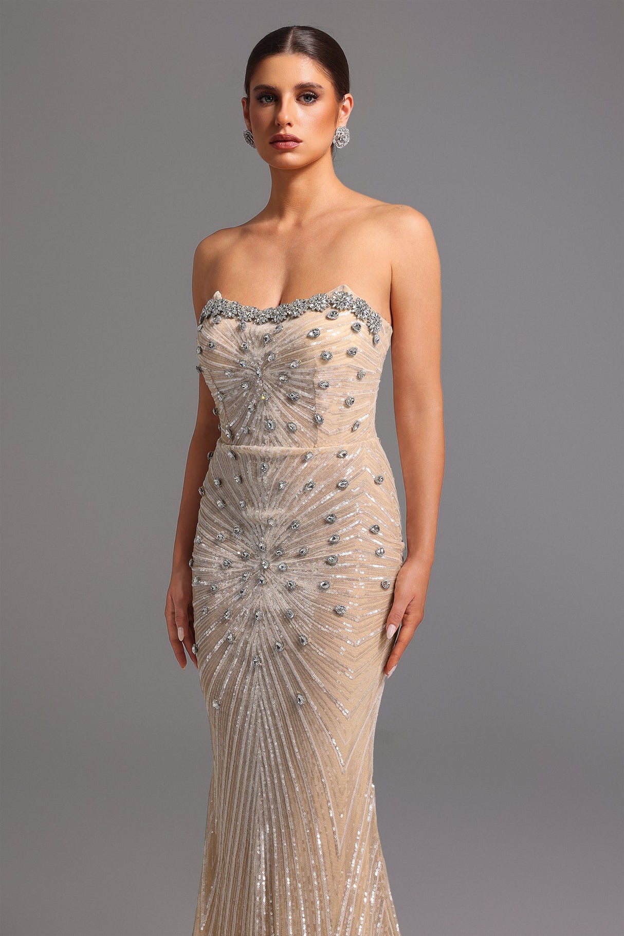 Giorgia Beige Diamond Sequin Strapless Formal Dress