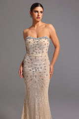 Giorgia Beige Diamond Sequin Strapless Formal Dress