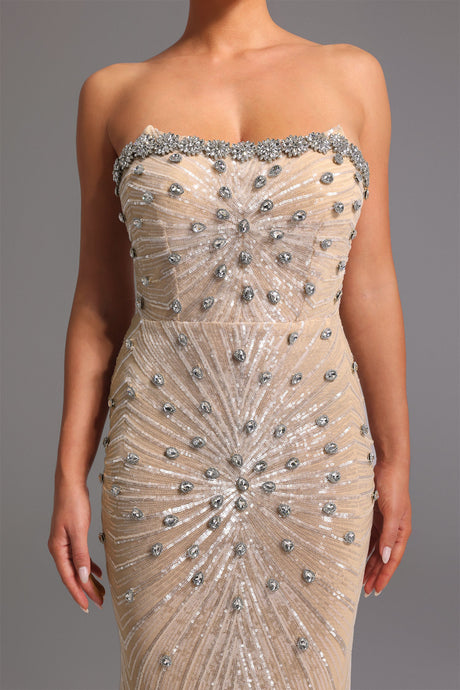 Giorgia Beige Diamond Sequin Strapless Formal Dress