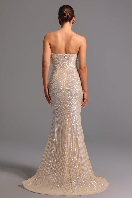 Giorgia Beige Diamond Sequin Strapless Formal Dress