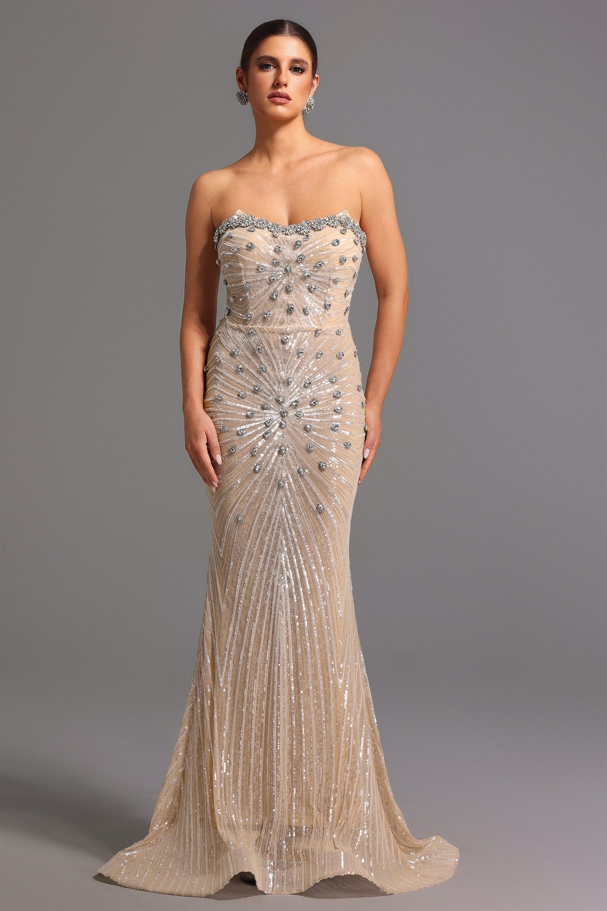Giorgia Beige Strapless Diamond Sequin Formal Dress