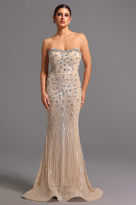 Giorgia Beige Strapless Diamond Sequin Formal Dress