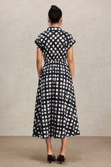 Giorgia Black Checkered Midi Dress with Lapel Neckline and Short Sleeves