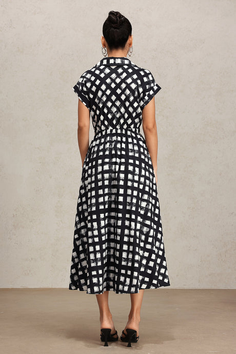 Giorgia Black Checkered Midi Dress with Lapel Neckline and Short Sleeves