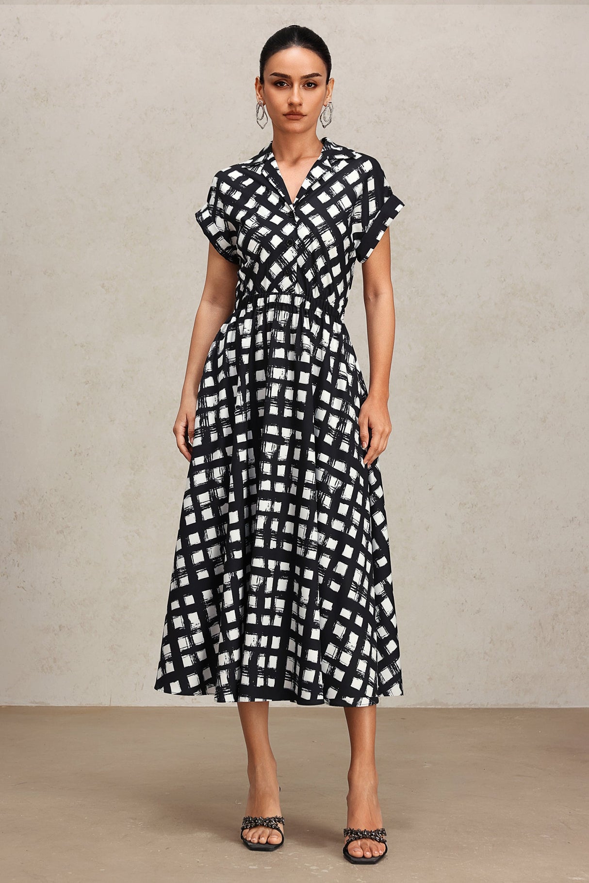 Giorgia Black Checkered Print Midi Dress