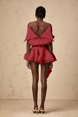 Giorgia Mini Dress Red Floral Appliqu Off - Shoulder Flounce Hem & Cinched Waist