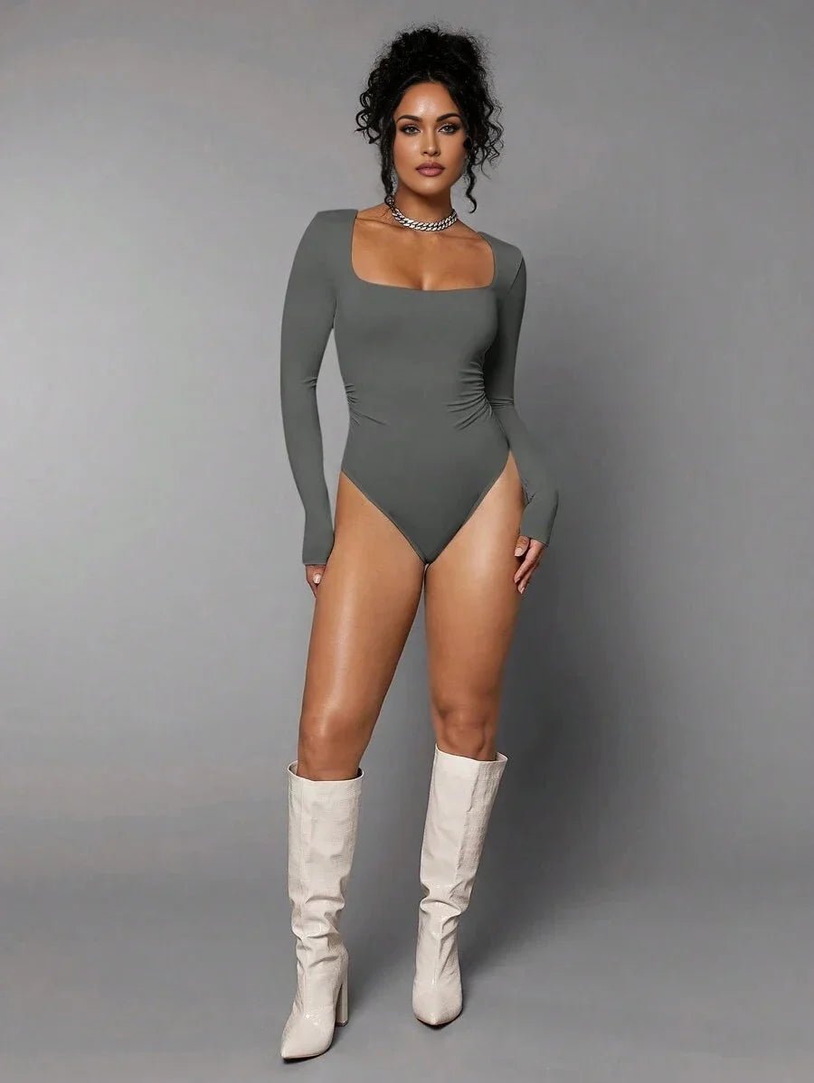 Giovanna Bodysuit - Slim Fit - Medium Stretch Knitted Fabric - Square Neck Neckline - Long Sleeve Length - Casual Style - Premium Quality