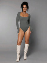 Giovanna Bodysuit - Slim Fit - Medium Stretch Knitted Fabric - Square Neck Neckline - Long Sleeve Length - Casual Style - Premium Quality