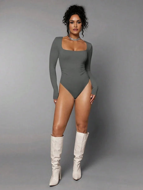 Giovanna Bodysuit - Slim Fit - Medium Stretch Knitted Fabric - Square Neck Neckline - Long Sleeve Length - Casual Style - Premium Quality