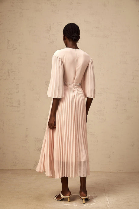 Giovanna Midi Dress Pink Crystal Embellished Pleated & Mesh Panels
