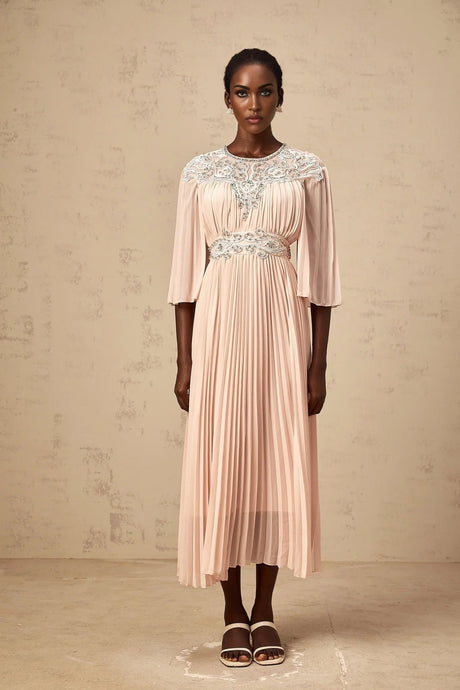 Giovanna Midi Dress Pink Crystal Embellished Pleated & Mesh Panels