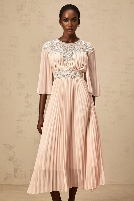 Giovanna Midi Dress Pink Crystal Embellished Pleated & Mesh Panels