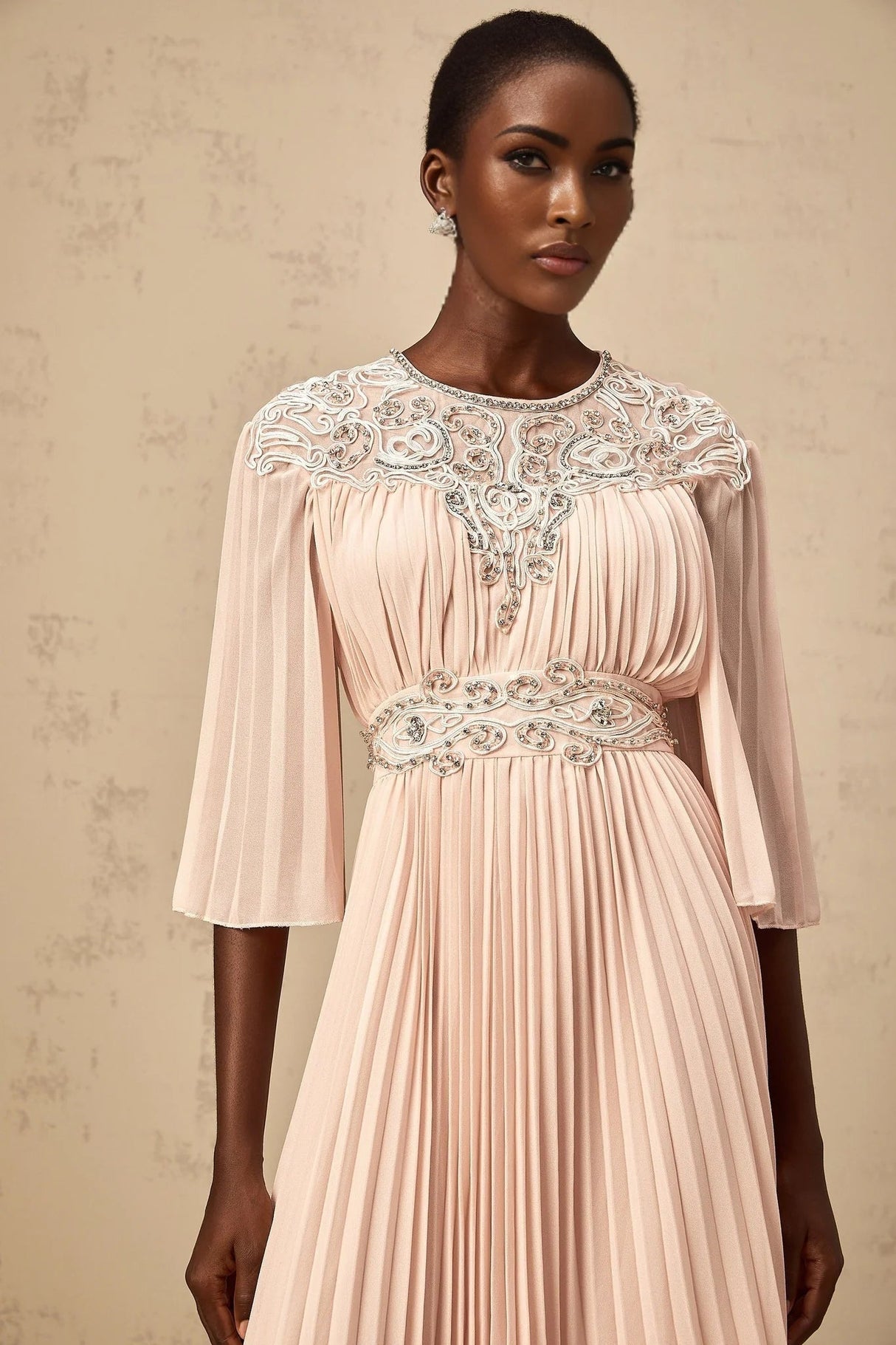 Giovanna Midi Dress Pink Crystal Embellished Pleated & Mesh Panels