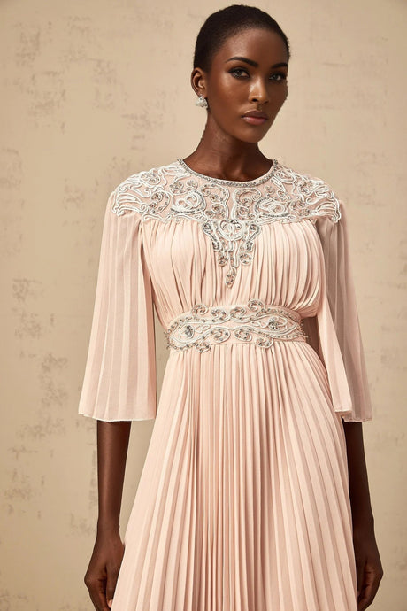Giovanna Midi Dress Pink Crystal Embellished Pleated & Mesh Panels