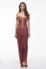 Giovanna Pink Off Shoulder Pleated Maxi Dress