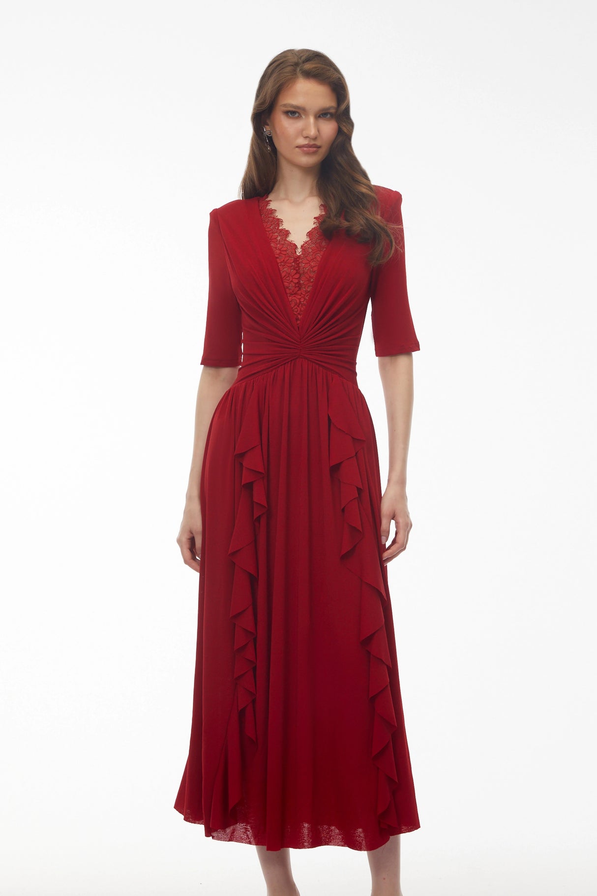 Giovanna Red VNeck Ruched Midi Dress with Half Sleeves
