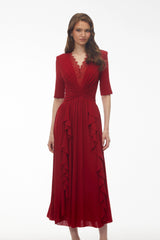 Giovanna Red VNeck Ruched Midi Dress with Half Sleeves