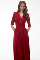 Giovanna Red VNeck Ruched Midi Dress with Half Sleeves