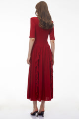 Giovanna Red VNeck Ruched Midi Dress with Half Sleeves