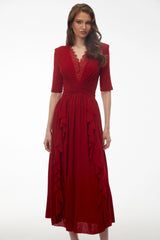 Giovanna Red VNeck Ruched Midi Dress with Half Sleeves
