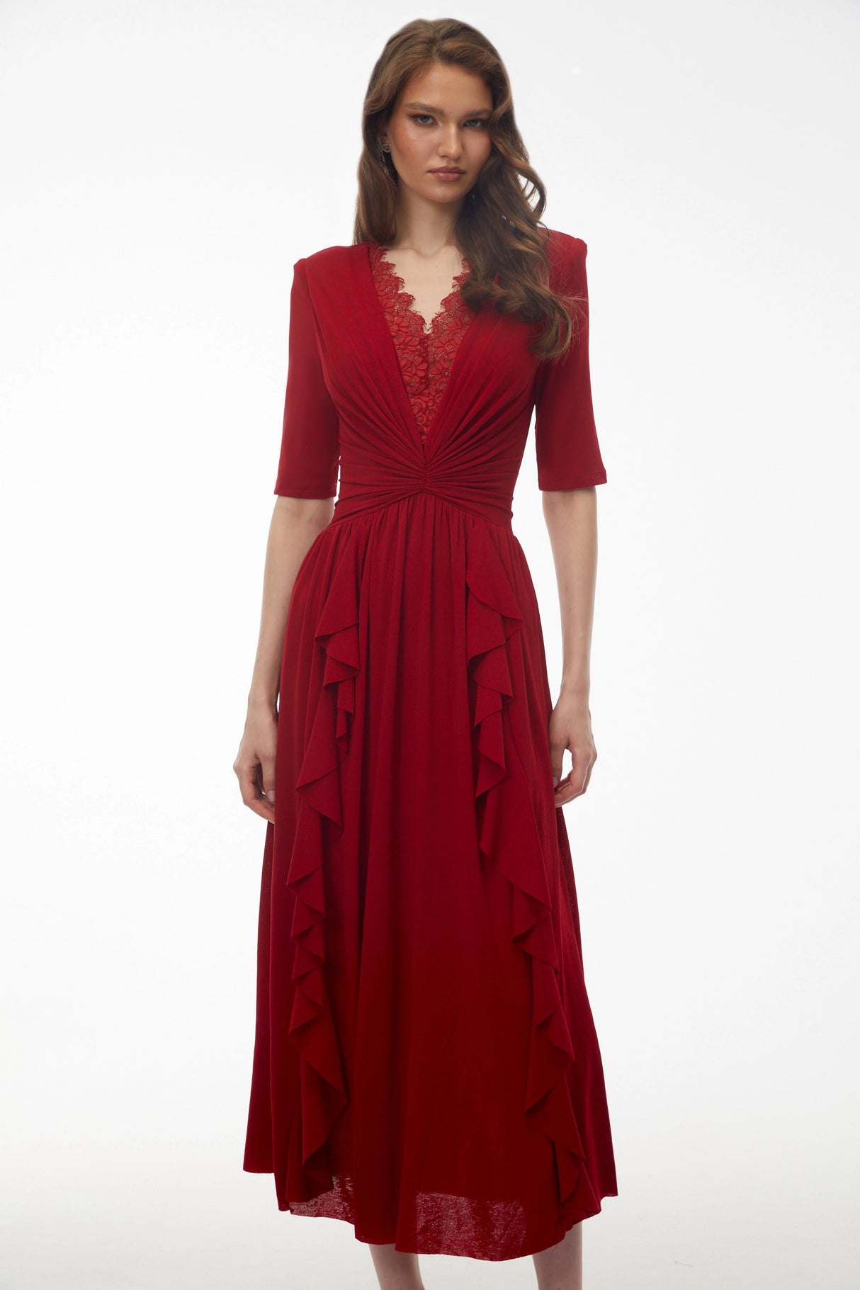 Giovanna Red VNeck Ruched Midi Dress with Half Sleeves