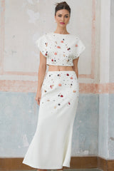 Giovanna Skirt & Top Set - Embellished Cap Sleeve Crop Top - Mermaid Hem Maxi Skirt - Rear Zip Fastening