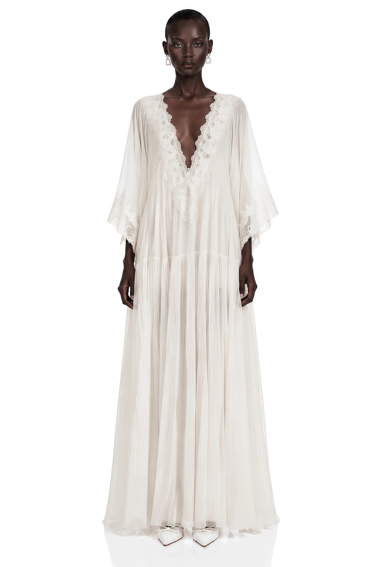 Giovanna White VNeck Maxi Dress with Lace Trim