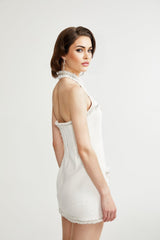 Giovannella Dress - White - Halter Neck - Thigh Length - Embellished & Buttoned