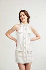 Giovannella Dress - White - Halter Neck - Thigh Length - Embellished & Buttoned
