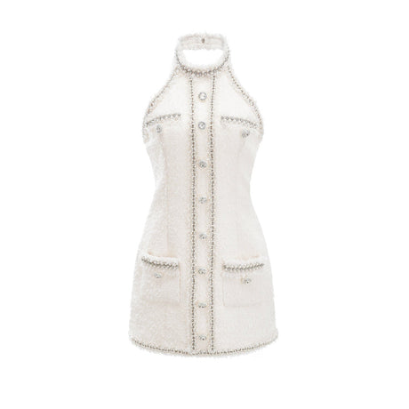 Giovannella Dress - White - Halter Neck - Thigh Length - Embellished & Buttoned