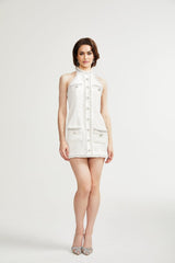 Giovannella Dress - White - Halter Neck - Thigh Length - Embellished & Buttoned