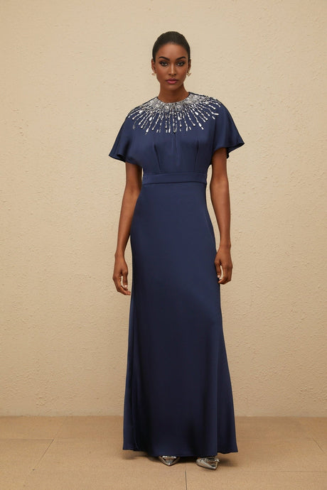 Giovannella Maxi Dress - Blue - Embellished - Crystals - Sequins - Open Back - Ribbon Fastening